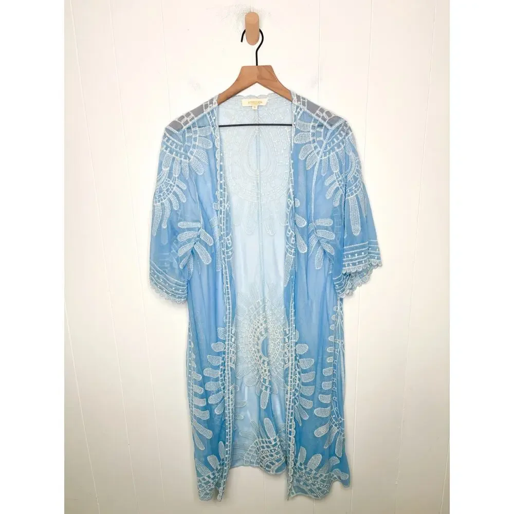 Rebellion Blue Duster Kimono Medium Beach Swim Coverup Lightweight Boho Flowy - Picture 2 of 8